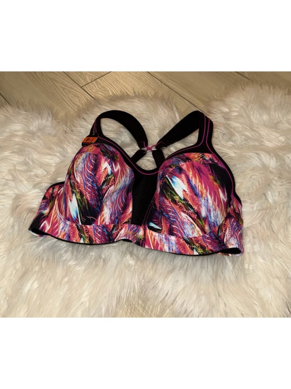 Panache Vibrant Feather-Print Sports Bra in Black and Multicolor